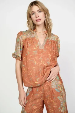 Short Sleeve Tops-Current Air Border Print Retro Floral Blouse BROWNMLT