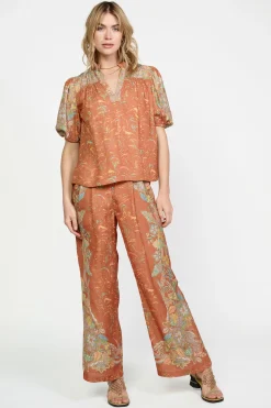 Short Sleeve Tops-Current Air Border Print Retro Floral Blouse BROWNMLT