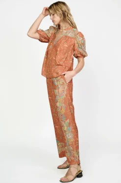 Short Sleeve Tops-Current Air Border Print Retro Floral Blouse BROWNMLT