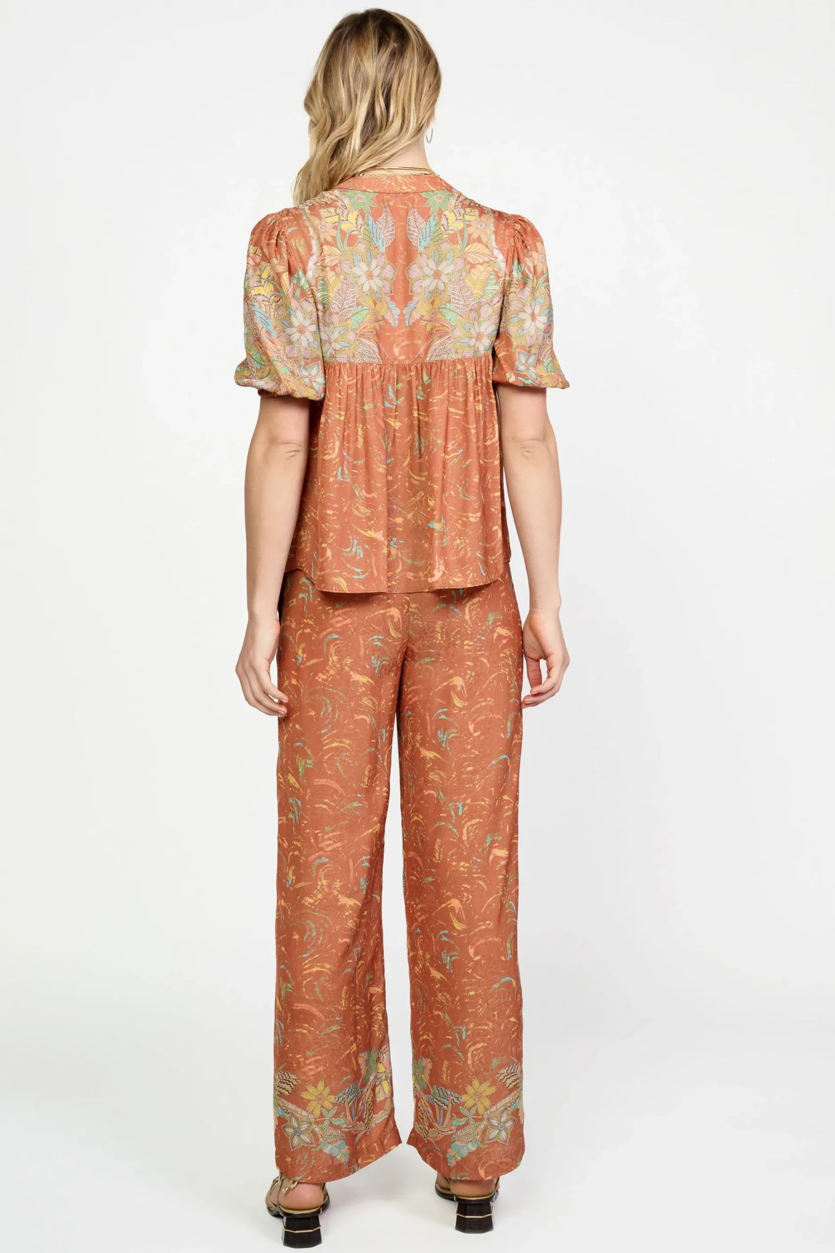 Short Sleeve Tops-Current Air Border Print Retro Floral Blouse BROWNMLT