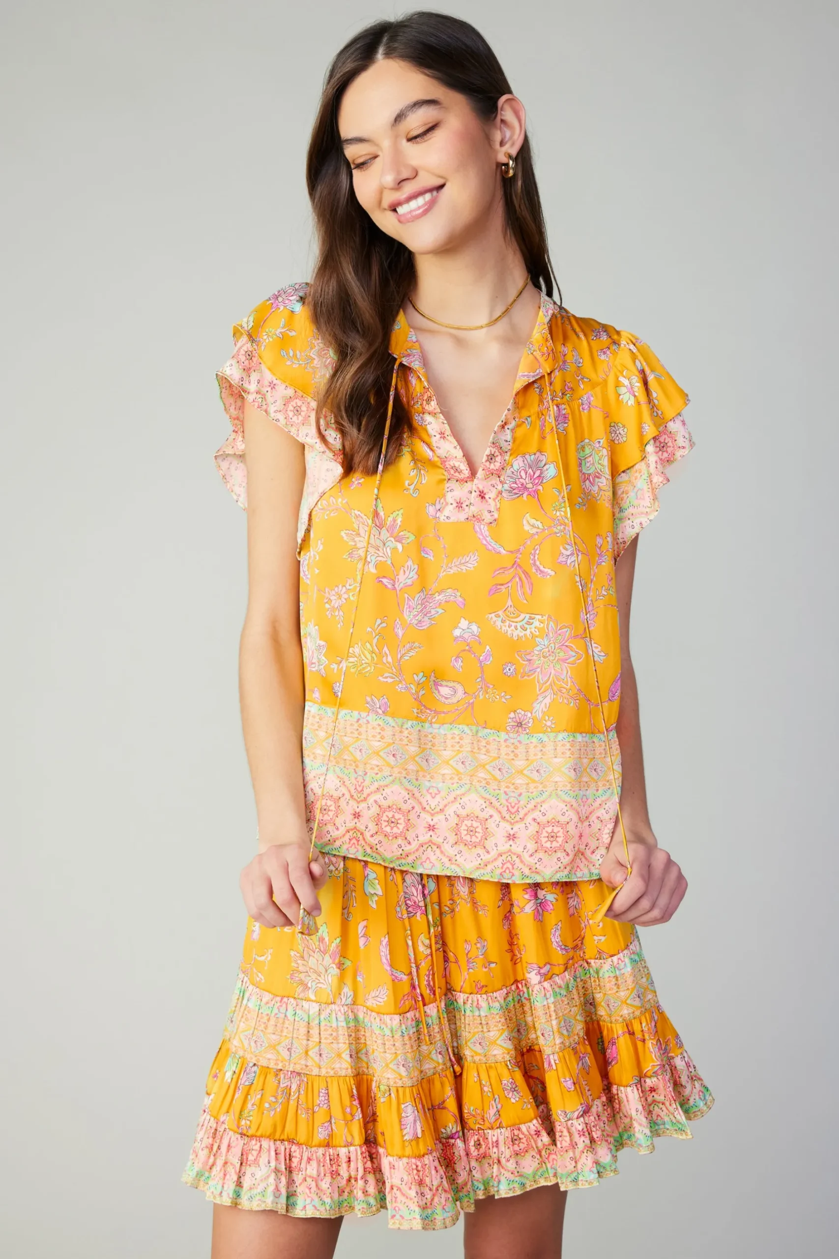 Skirts-Current Air Border Print Tiered Mini Skirt YELLOWMLT
