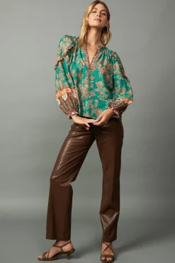 Long Sleeve Tops-Current Air Border Ruffled Floral Blouse GREENMLT