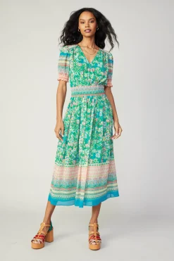 Midi Dresses-Current Air Bordered Floral Print Midi Dress GREENMULTI