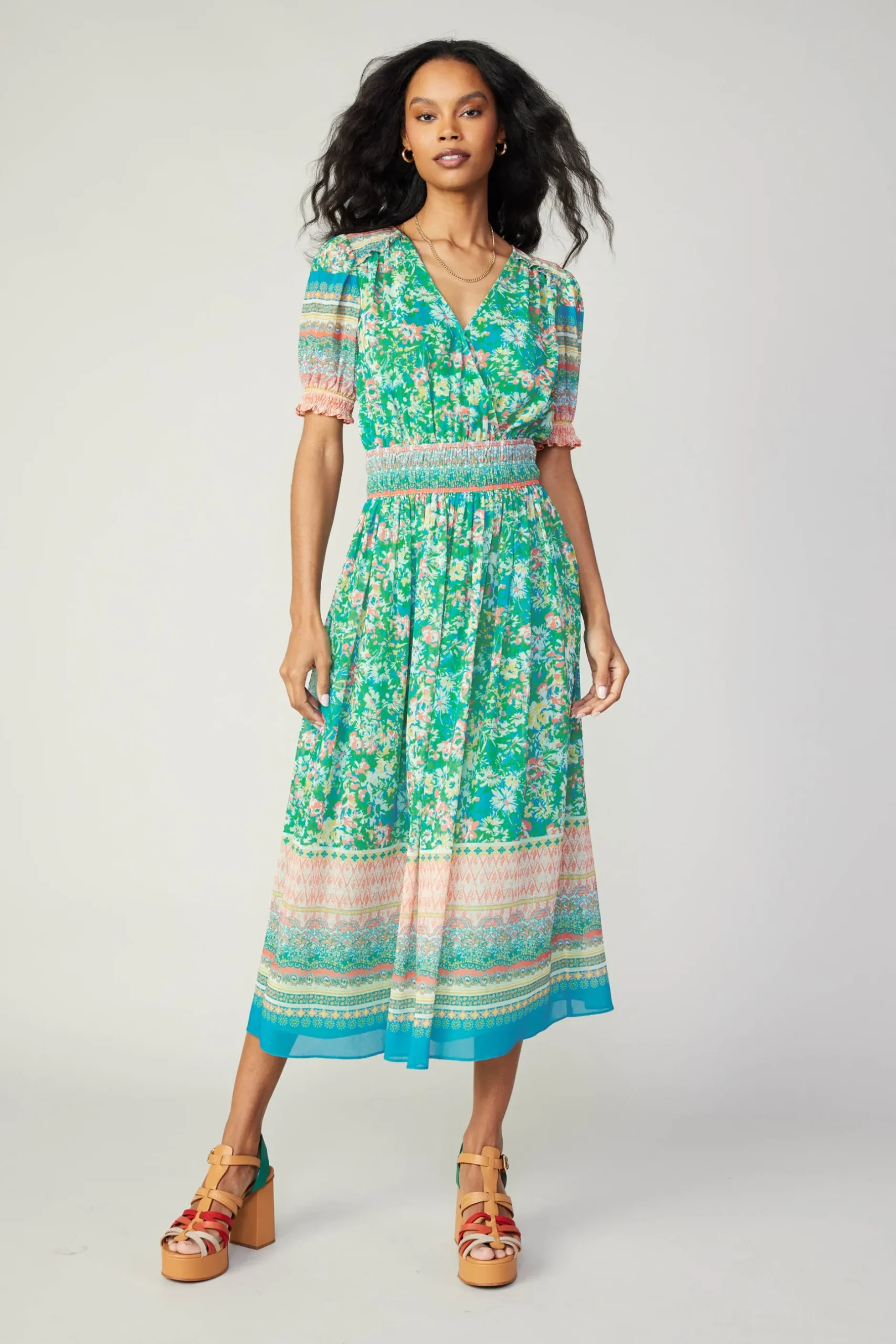 Midi Dresses-Current Air Bordered Floral Print Midi Dress GREENMULTI