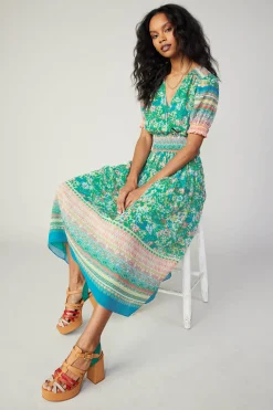 Midi Dresses-Current Air Bordered Floral Print Midi Dress GREENMULTI