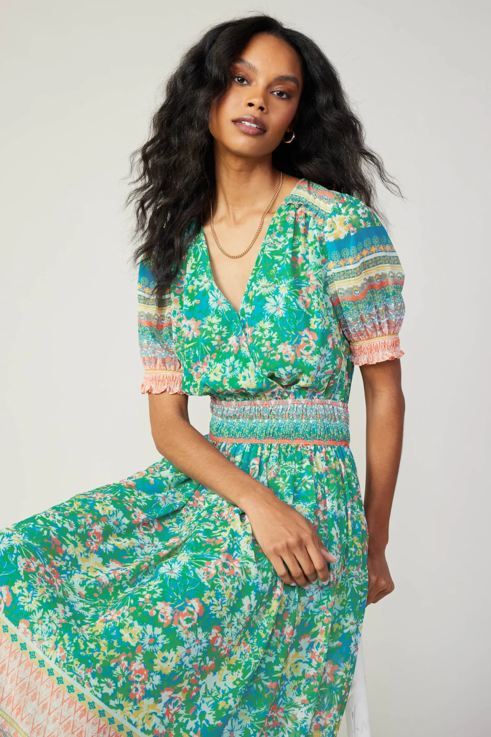 Midi Dresses-Current Air Bordered Floral Print Midi Dress GREENMULTI