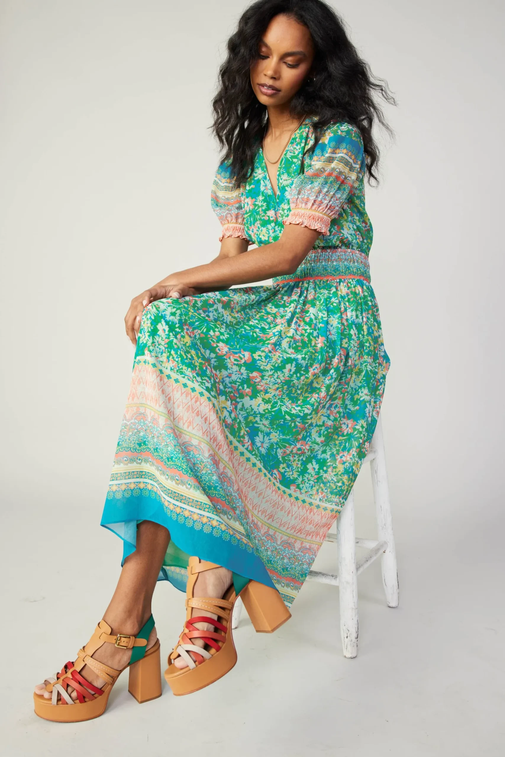 Midi Dresses-Current Air Bordered Floral Print Midi Dress GREENMULTI