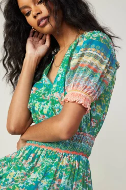 Midi Dresses-Current Air Bordered Floral Print Midi Dress GREENMULTI