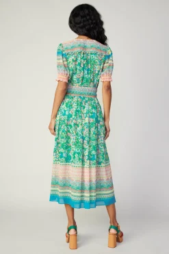 Midi Dresses-Current Air Bordered Floral Print Midi Dress GREENMULTI
