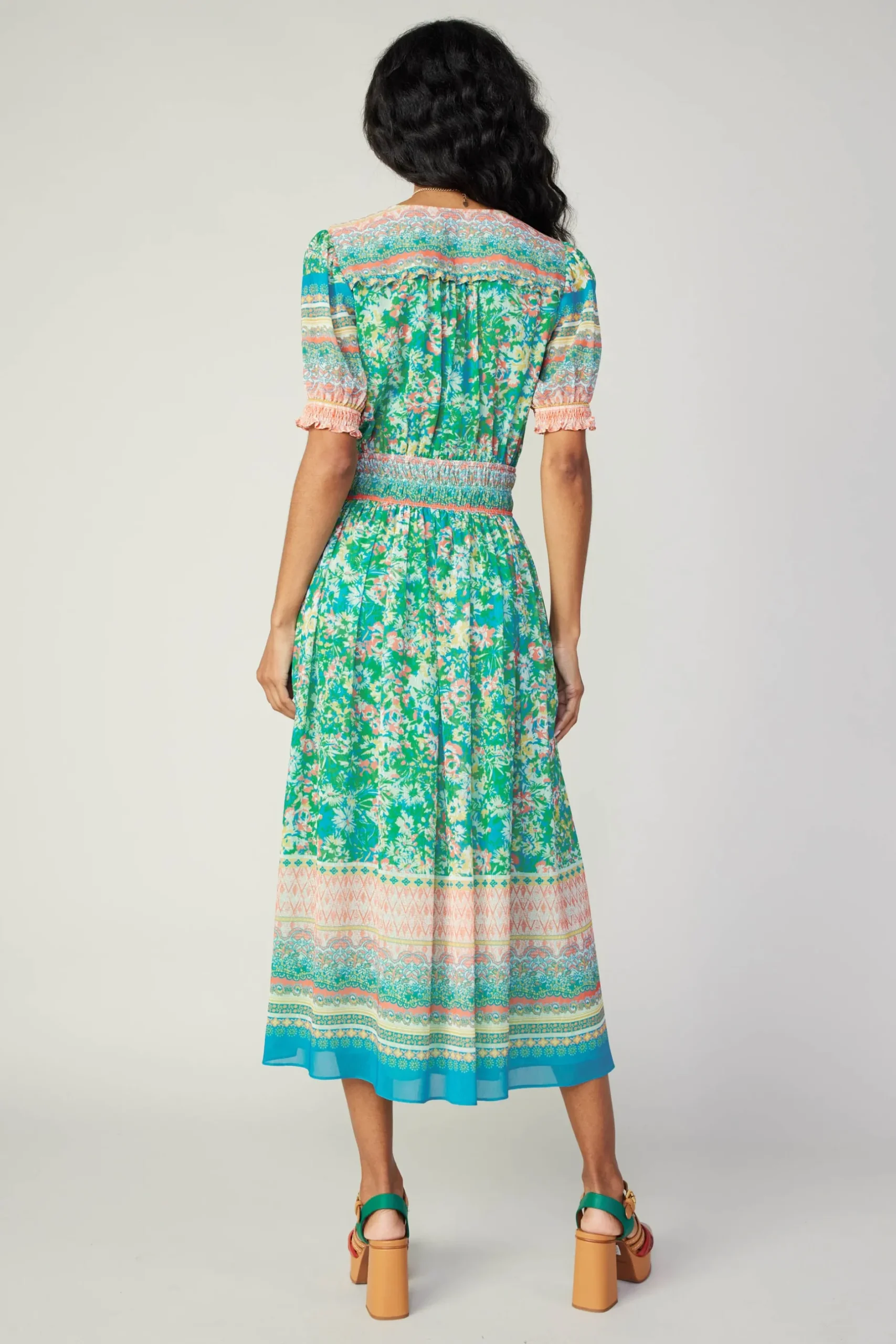 Midi Dresses-Current Air Bordered Floral Print Midi Dress GREENMULTI