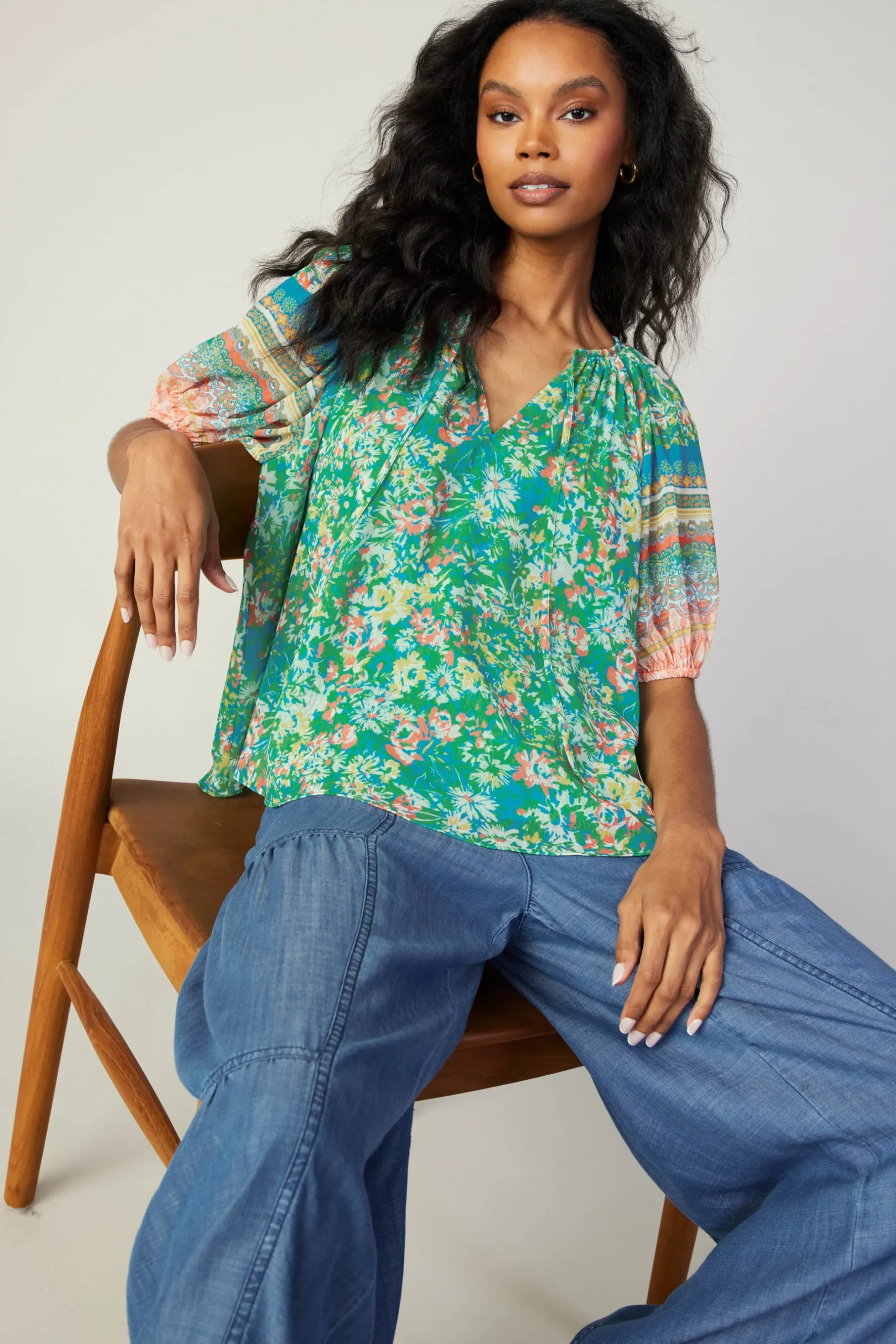 Short Sleeve Tops-Current Air Bordered Floral Print Top GREENMULTI
