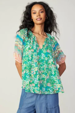 Short Sleeve Tops-Current Air Bordered Floral Print Top GREENMULTI