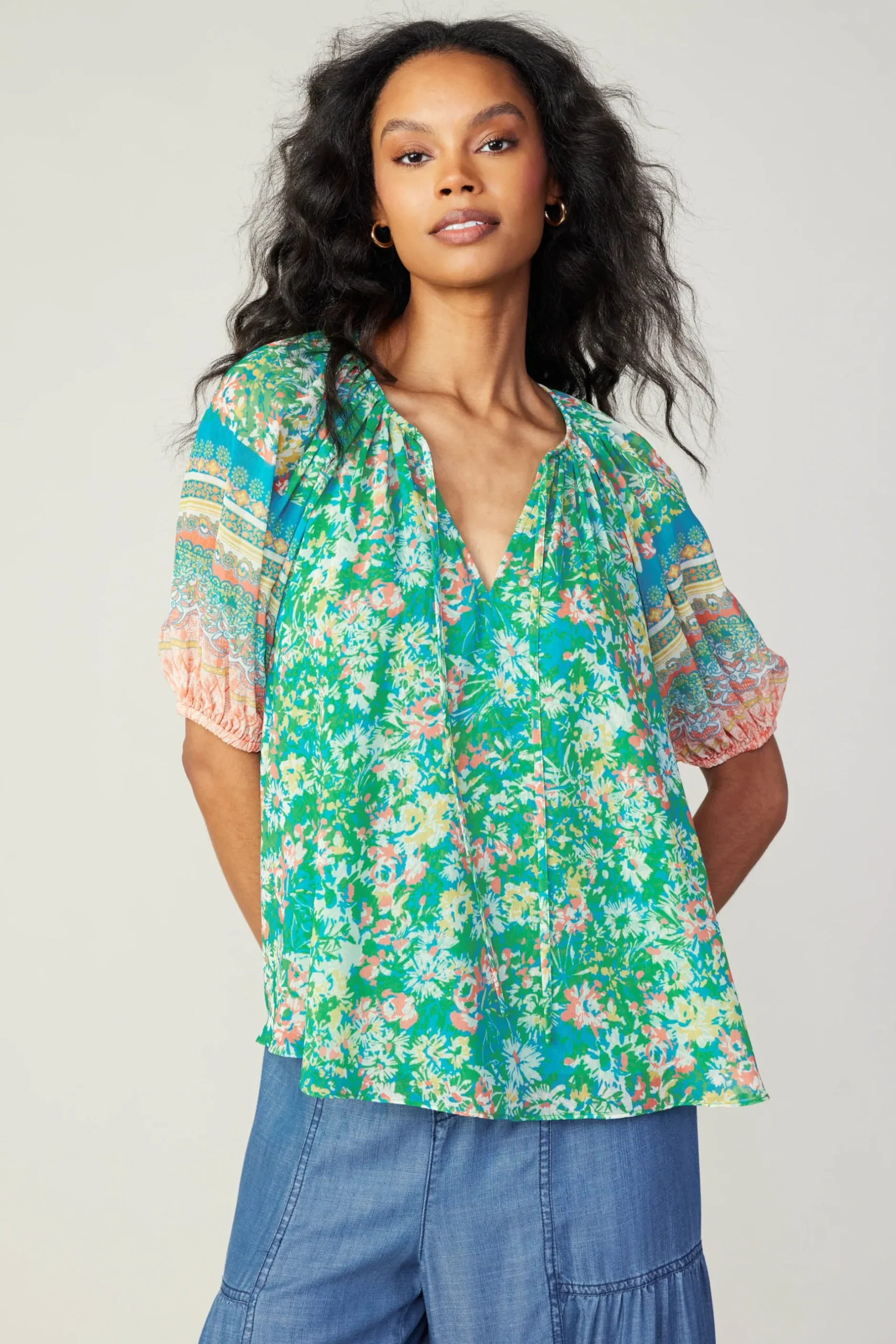 Short Sleeve Tops-Current Air Bordered Floral Print Top GREENMULTI