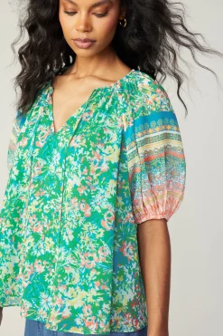 Short Sleeve Tops-Current Air Bordered Floral Print Top GREENMULTI