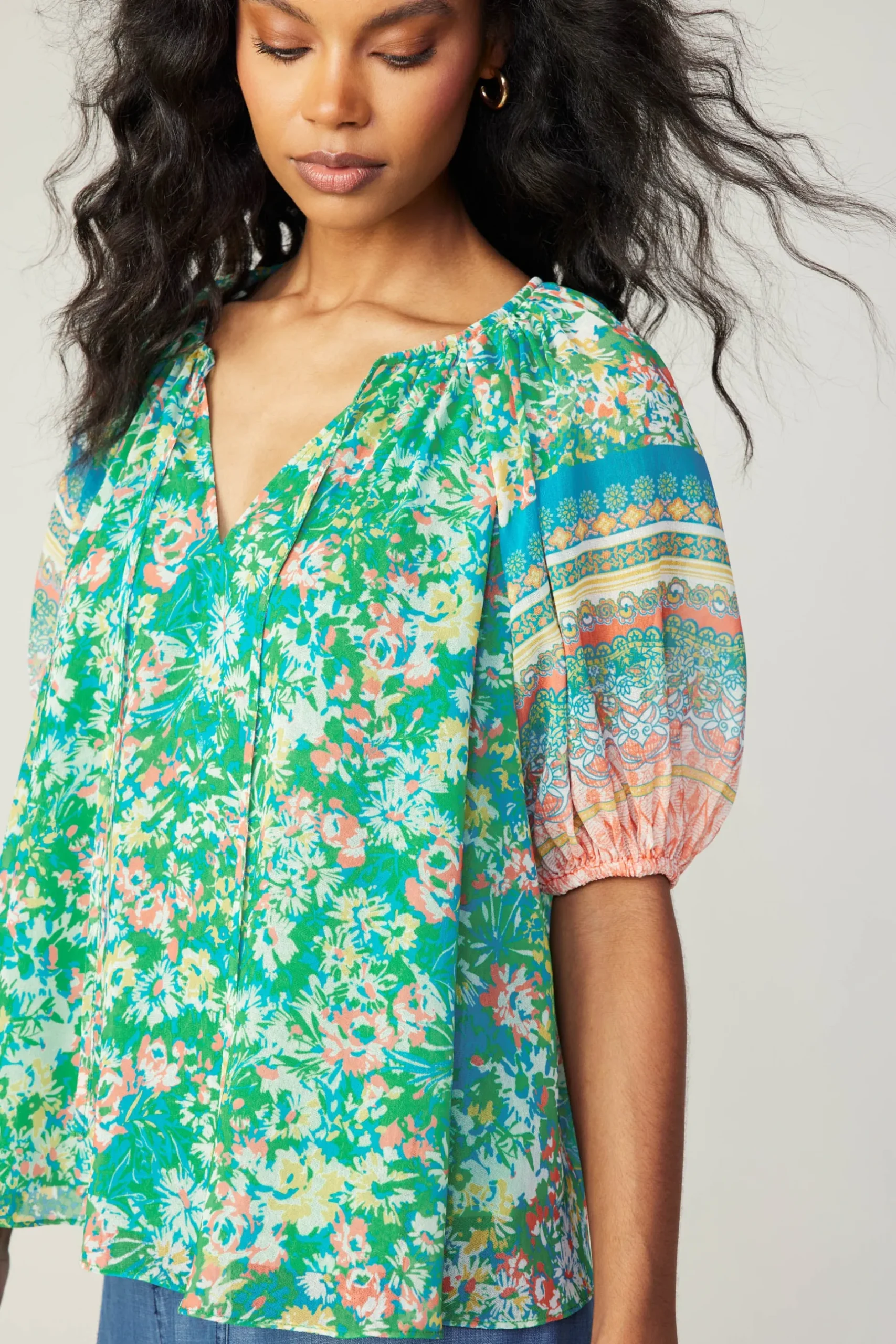 Short Sleeve Tops-Current Air Bordered Floral Print Top GREENMULTI