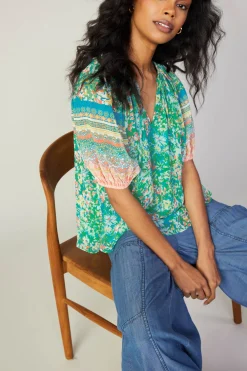 Short Sleeve Tops-Current Air Bordered Floral Print Top GREENMULTI