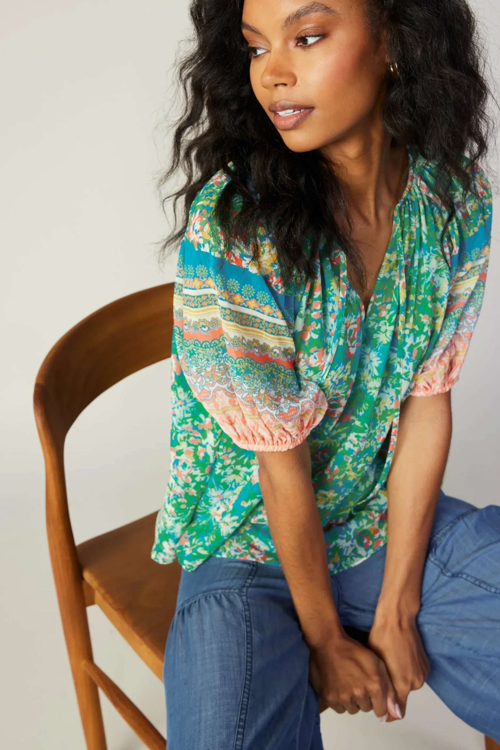 Short Sleeve Tops-Current Air Bordered Floral Print Top GREENMULTI
