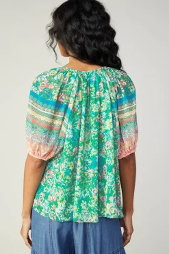 Short Sleeve Tops-Current Air Bordered Floral Print Top GREENMULTI