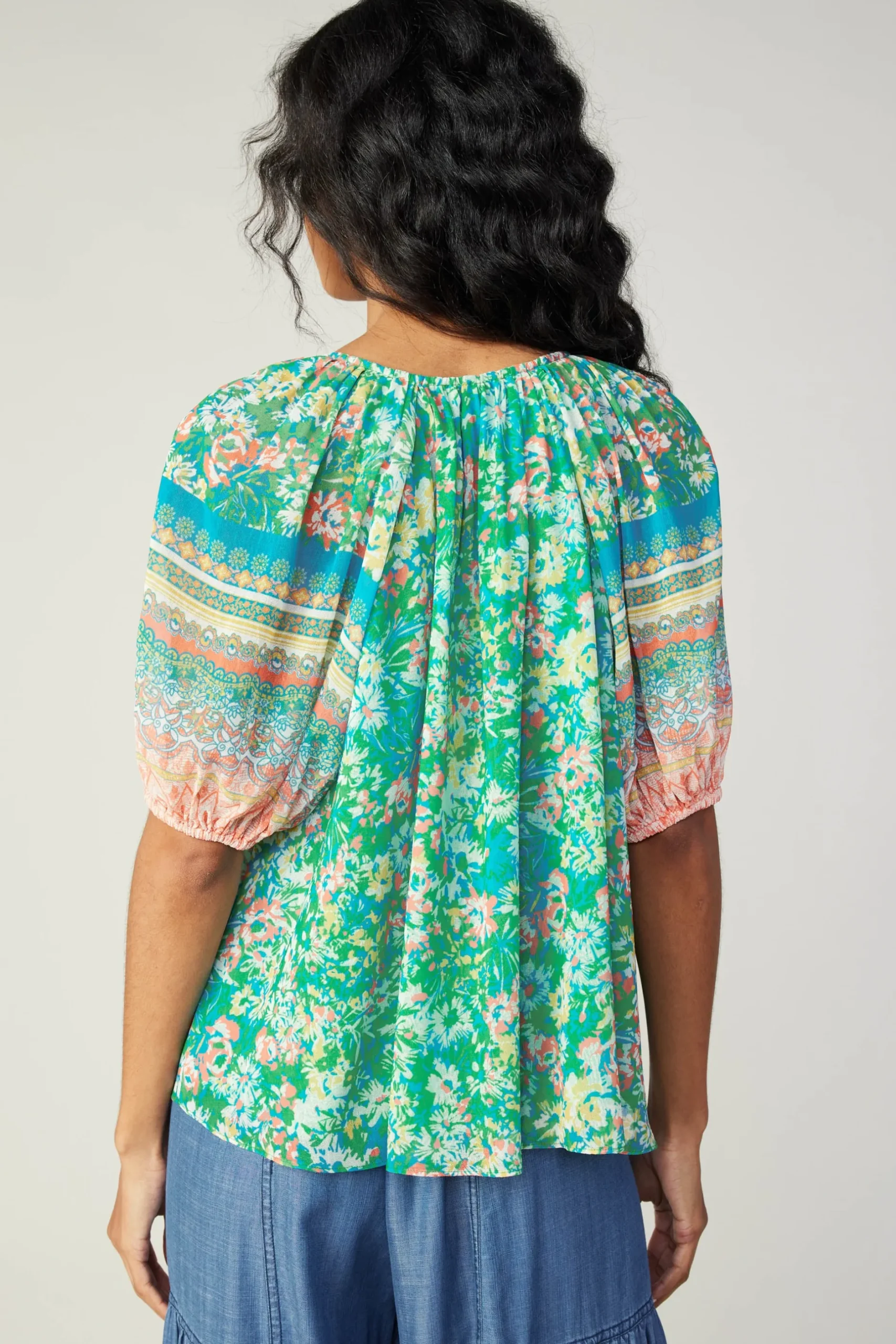 Short Sleeve Tops-Current Air Bordered Floral Print Top GREENMULTI