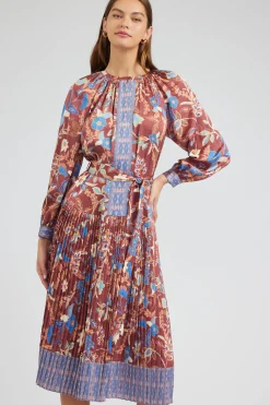 Midi Dresses-Current Air Botanical High Neck Dress CHESTNUTMLT