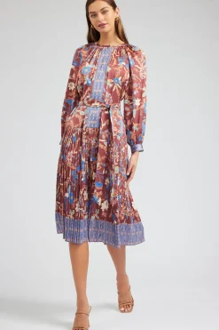 Midi Dresses-Current Air Botanical High Neck Dress CHESTNUTMLT