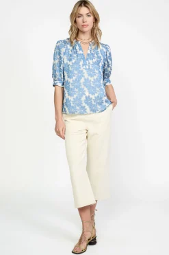 Short Sleeve Tops-Current Air Botanical Jacquard Blouse DENIMBLUE