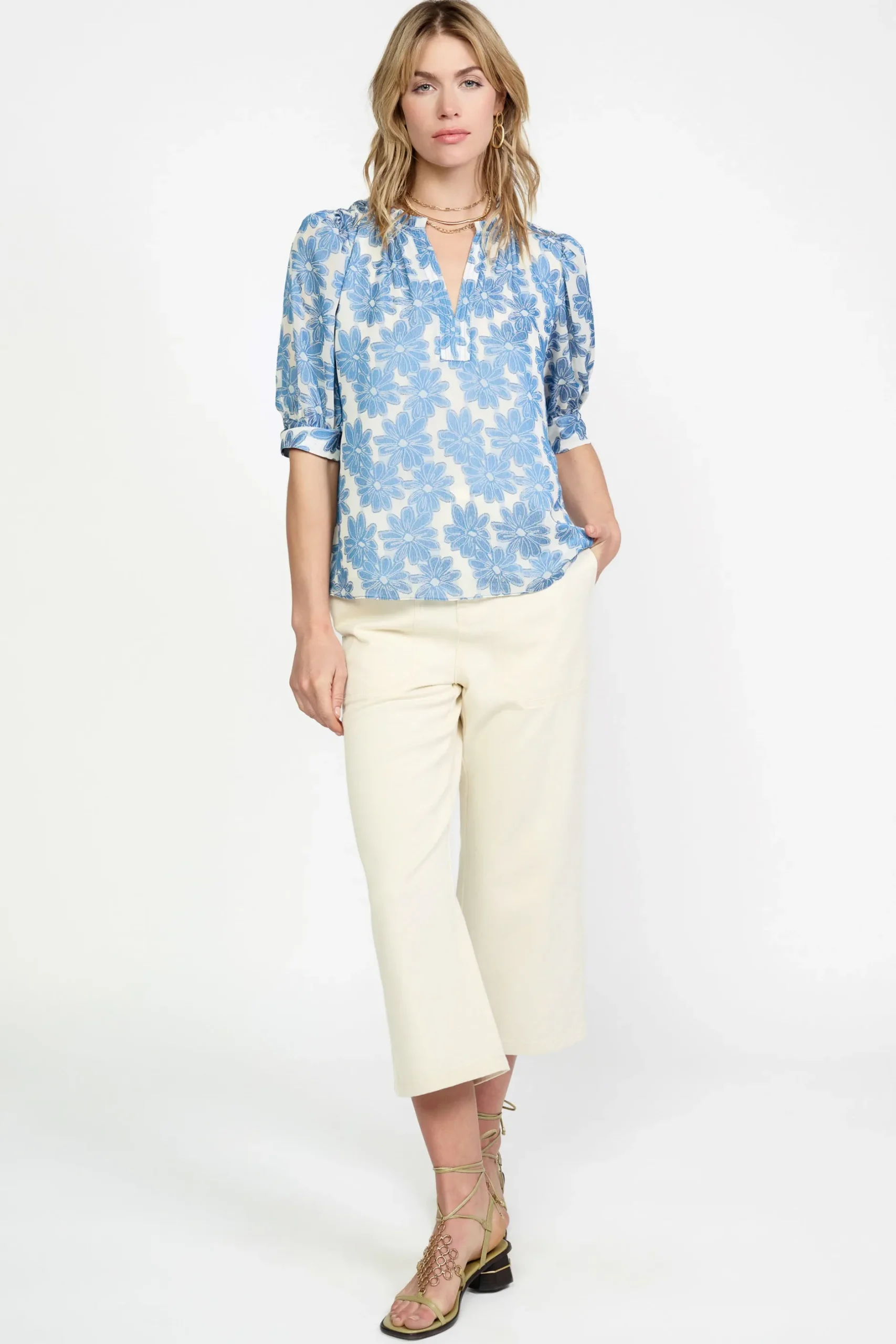 Short Sleeve Tops-Current Air Botanical Jacquard Blouse DENIMBLUE