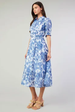 Midi Dresses-Current Air Botanical Jacquard Midi Dress BLUEFLORAL