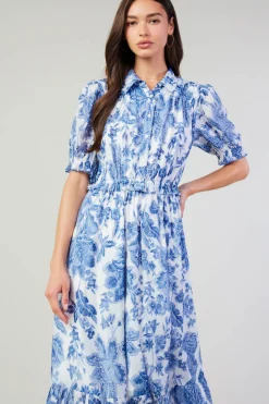 Midi Dresses-Current Air Botanical Jacquard Midi Dress BLUEFLORAL