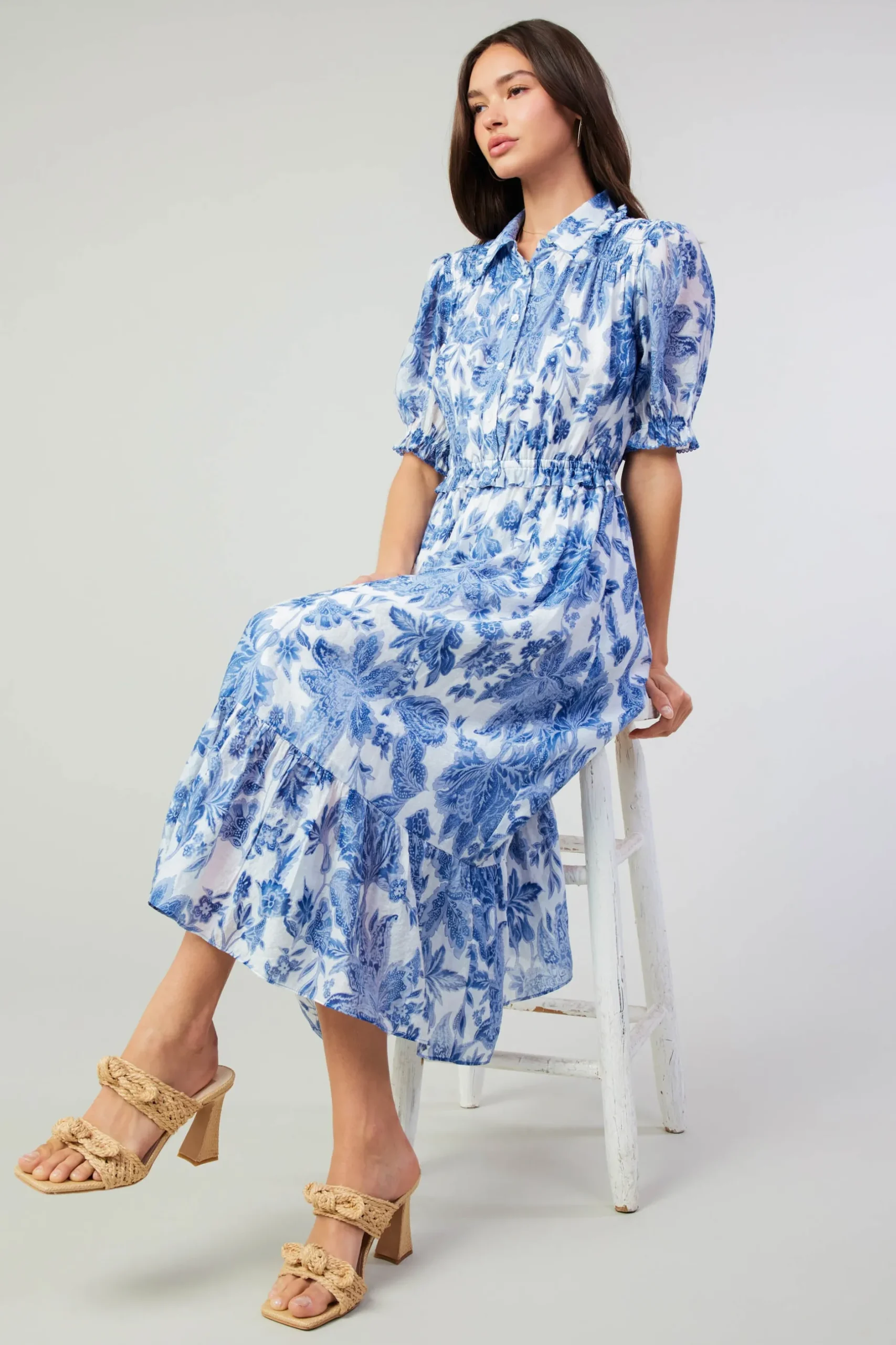 Midi Dresses-Current Air Botanical Jacquard Midi Dress BLUEFLORAL