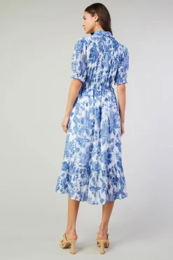 Midi Dresses-Current Air Botanical Jacquard Midi Dress BLUEFLORAL