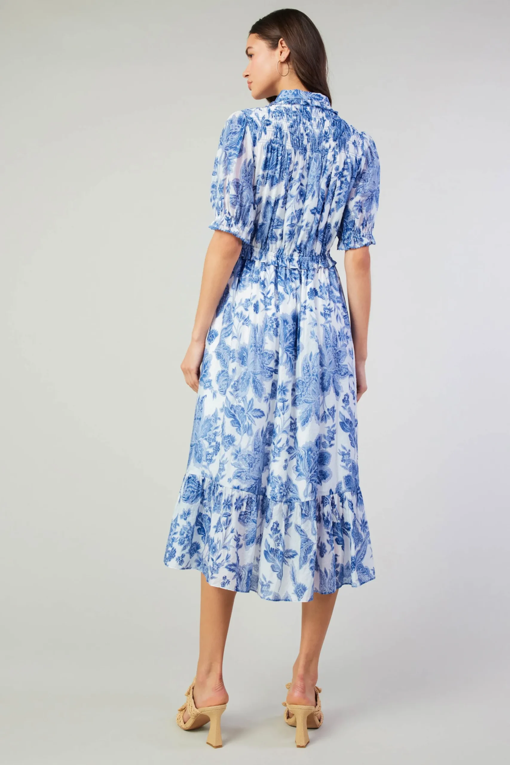 Midi Dresses-Current Air Botanical Jacquard Midi Dress BLUEFLORAL
