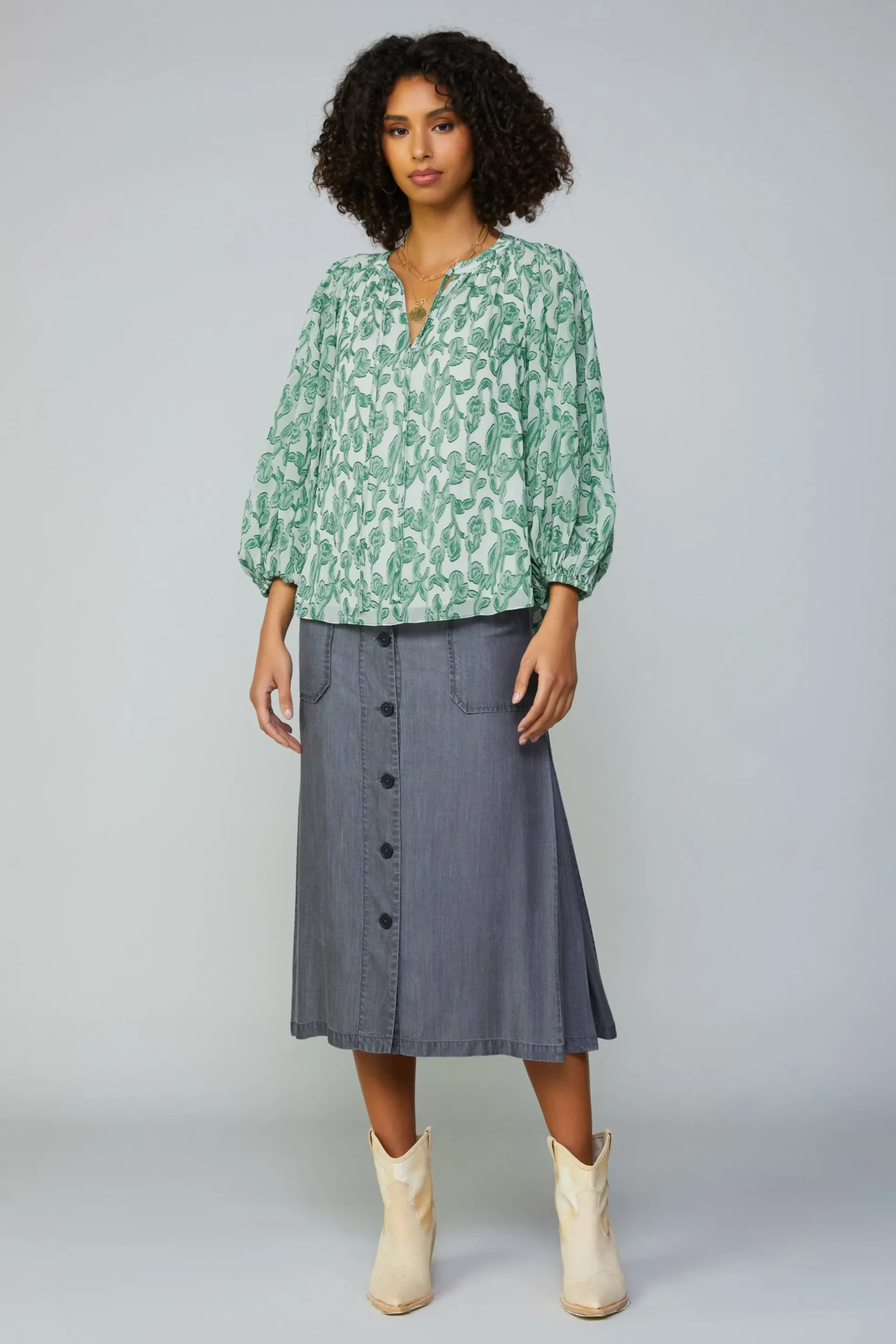 Long Sleeve Tops-Current Air Botanical Jacquard Raglan Blouse GREEN