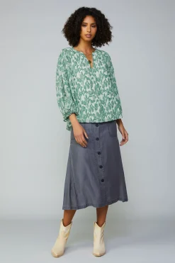 Long Sleeve Tops-Current Air Botanical Jacquard Raglan Blouse GREEN
