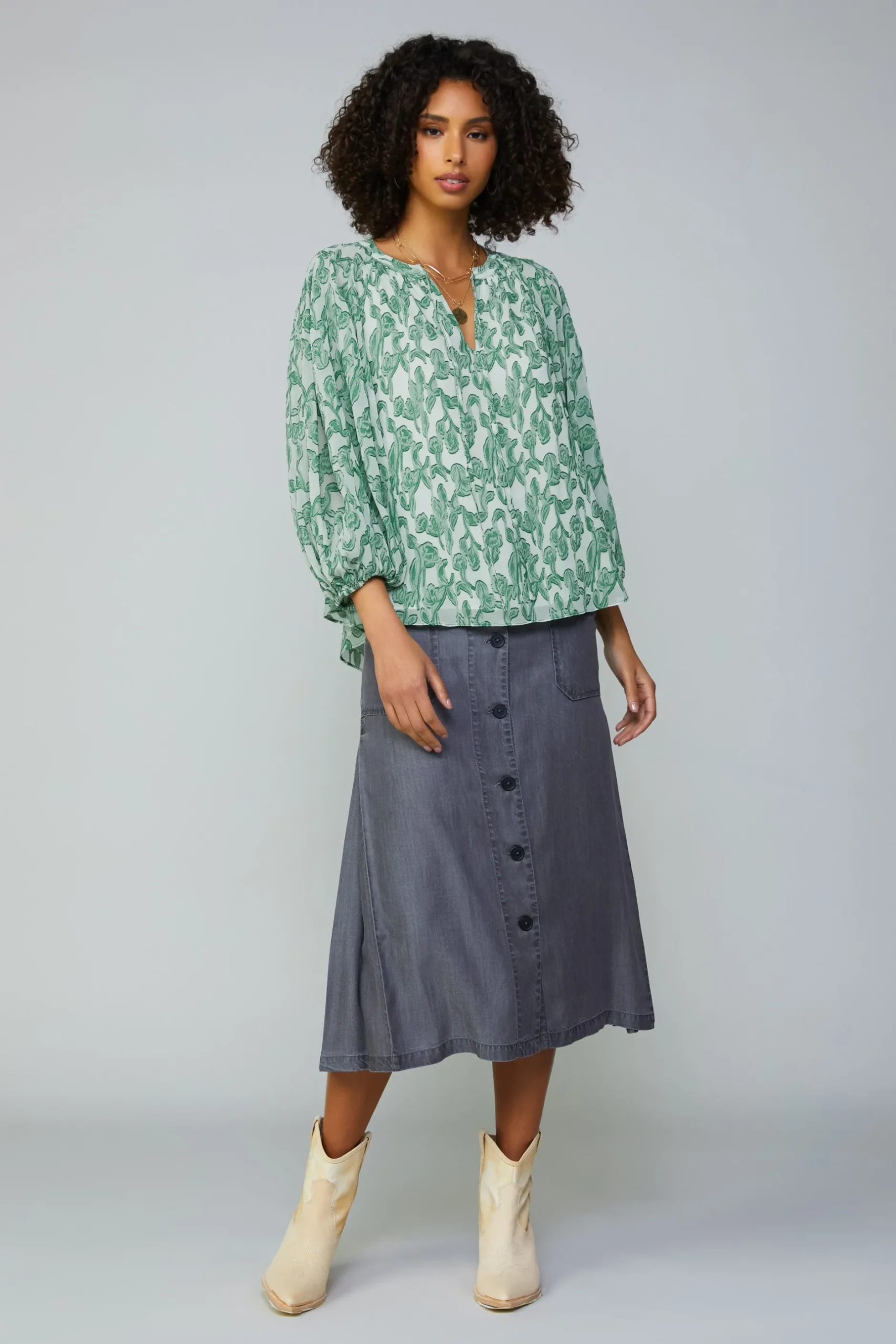Long Sleeve Tops-Current Air Botanical Jacquard Raglan Blouse GREEN