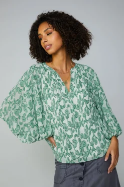 Long Sleeve Tops-Current Air Botanical Jacquard Raglan Blouse GREEN