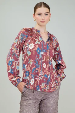 Long Sleeve Tops-Current Air Botanical Pleated Blouse CHESTNUTMLT