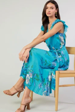 Short Sleeve Tops|Midi Dresses-Current Air Botanical Pleated Midi Dress BLUE