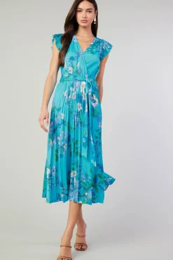 Short Sleeve Tops|Midi Dresses-Current Air Botanical Pleated Midi Dress BLUE