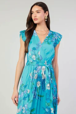 Short Sleeve Tops|Midi Dresses-Current Air Botanical Pleated Midi Dress BLUE