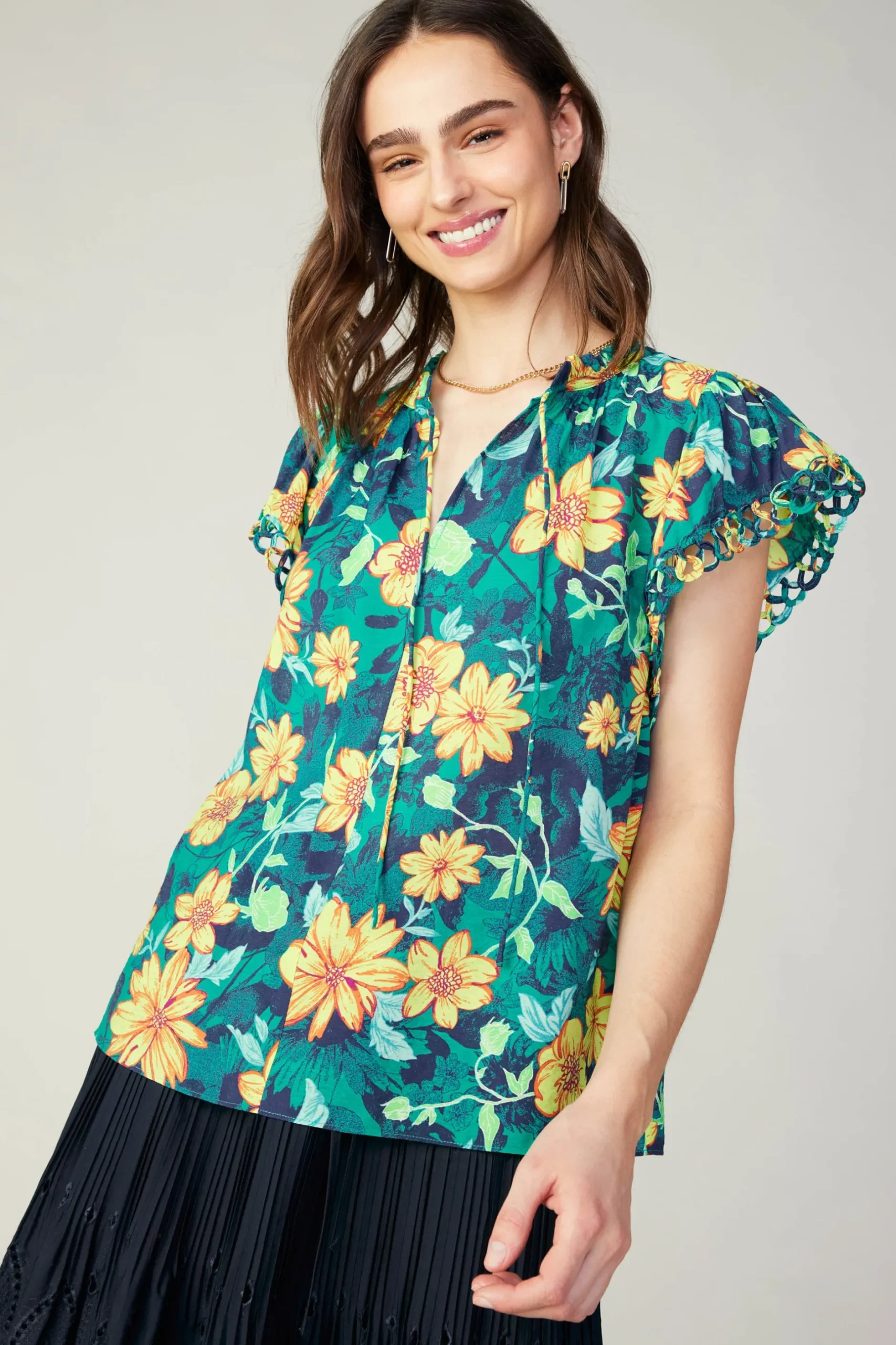 Sleeveless Tops-Current Air Botanical Print Eyelet Blouse YELLOWFLORALMLT