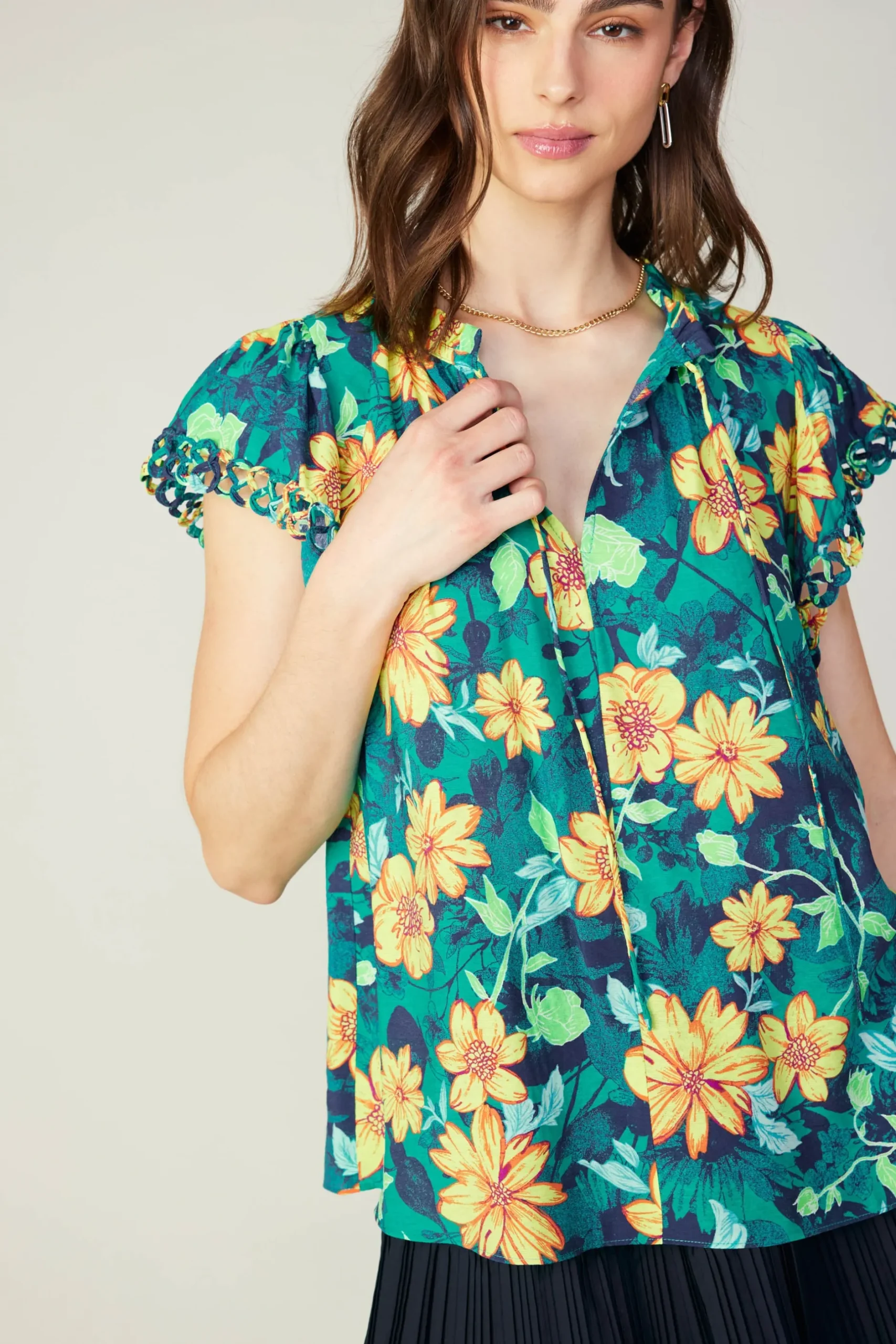 Sleeveless Tops-Current Air Botanical Print Eyelet Blouse YELLOWFLORALMLT
