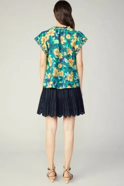 Sleeveless Tops-Current Air Botanical Print Eyelet Blouse YELLOWFLORALMLT