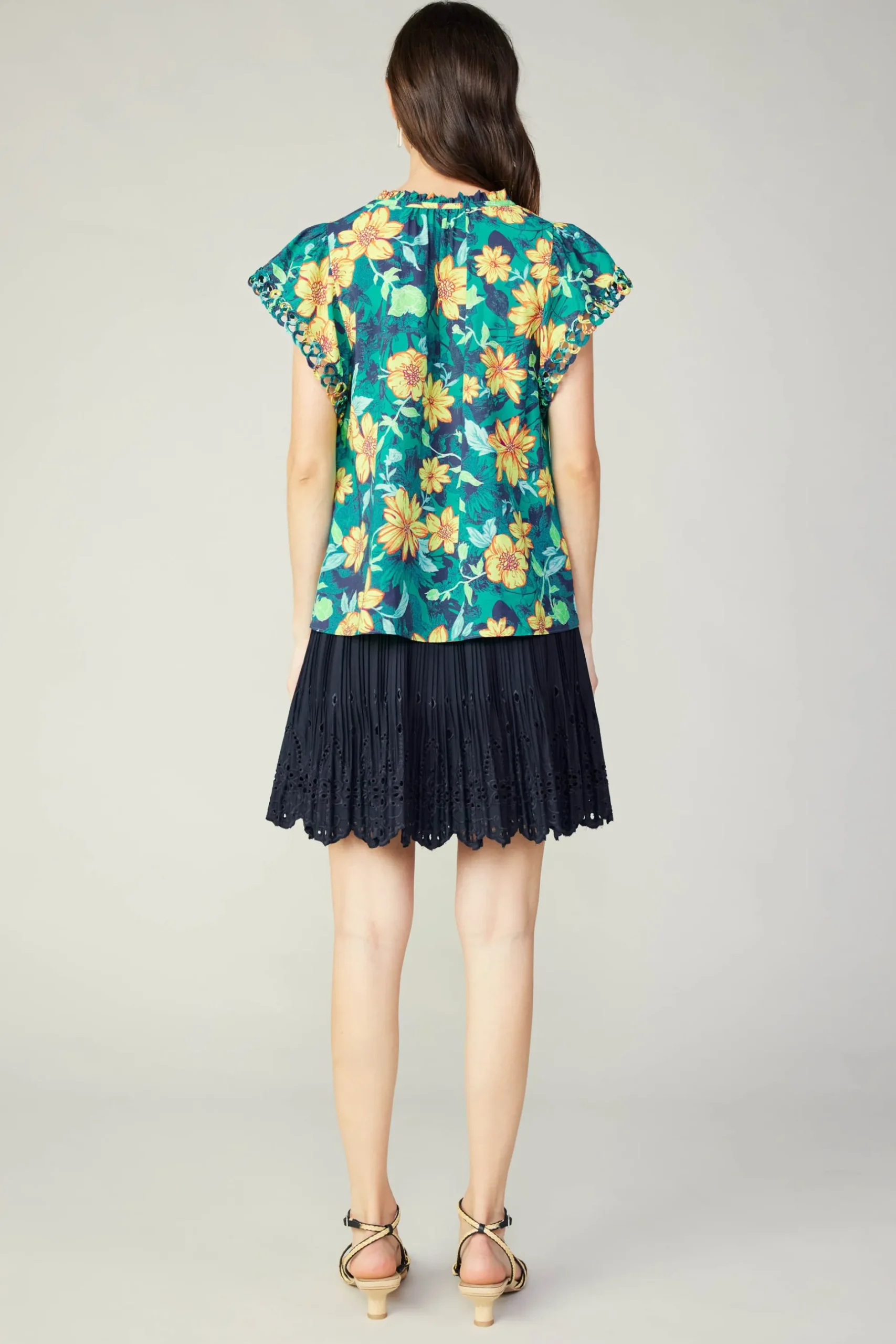 Sleeveless Tops-Current Air Botanical Print Eyelet Blouse YELLOWFLORALMLT