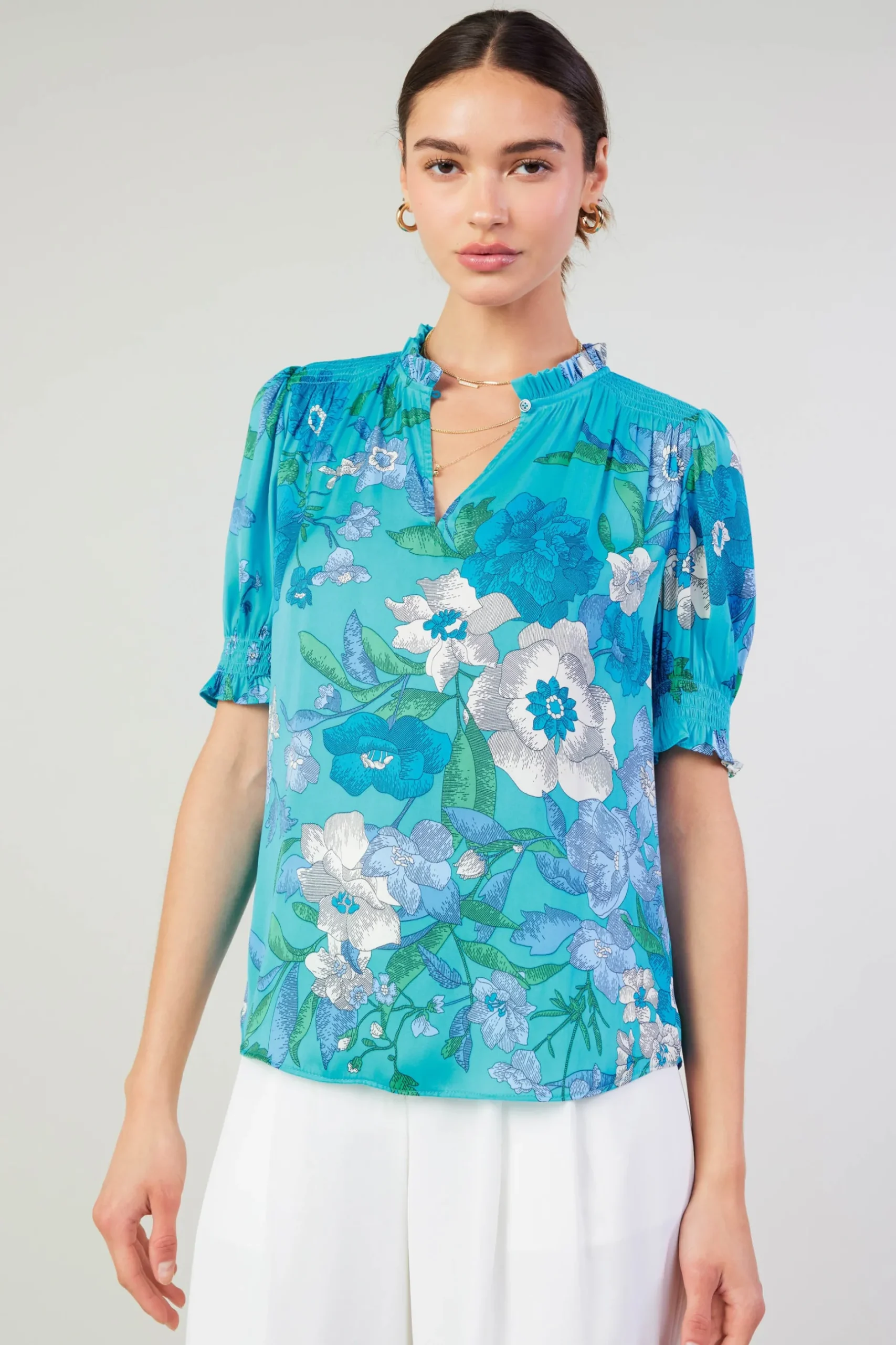 Short Sleeve Tops-Current Air Botanical Smocked Shoulder Blouse BLUE