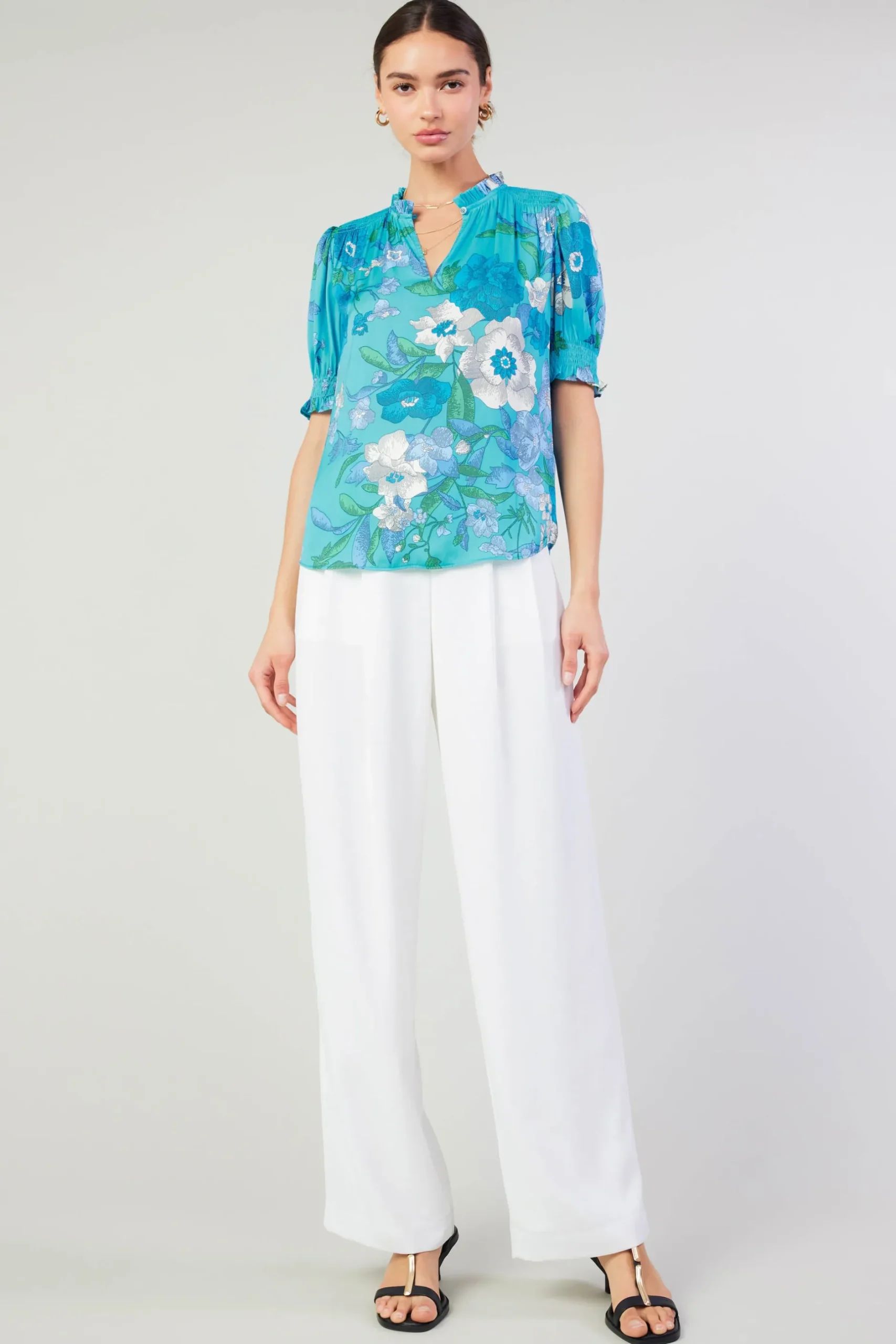 Short Sleeve Tops-Current Air Botanical Smocked Shoulder Blouse BLUE