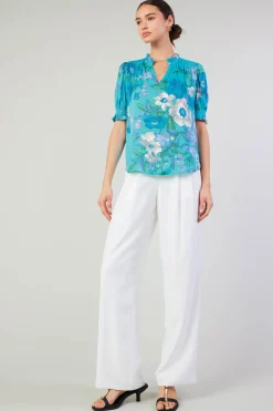 Short Sleeve Tops-Current Air Botanical Smocked Shoulder Blouse BLUE