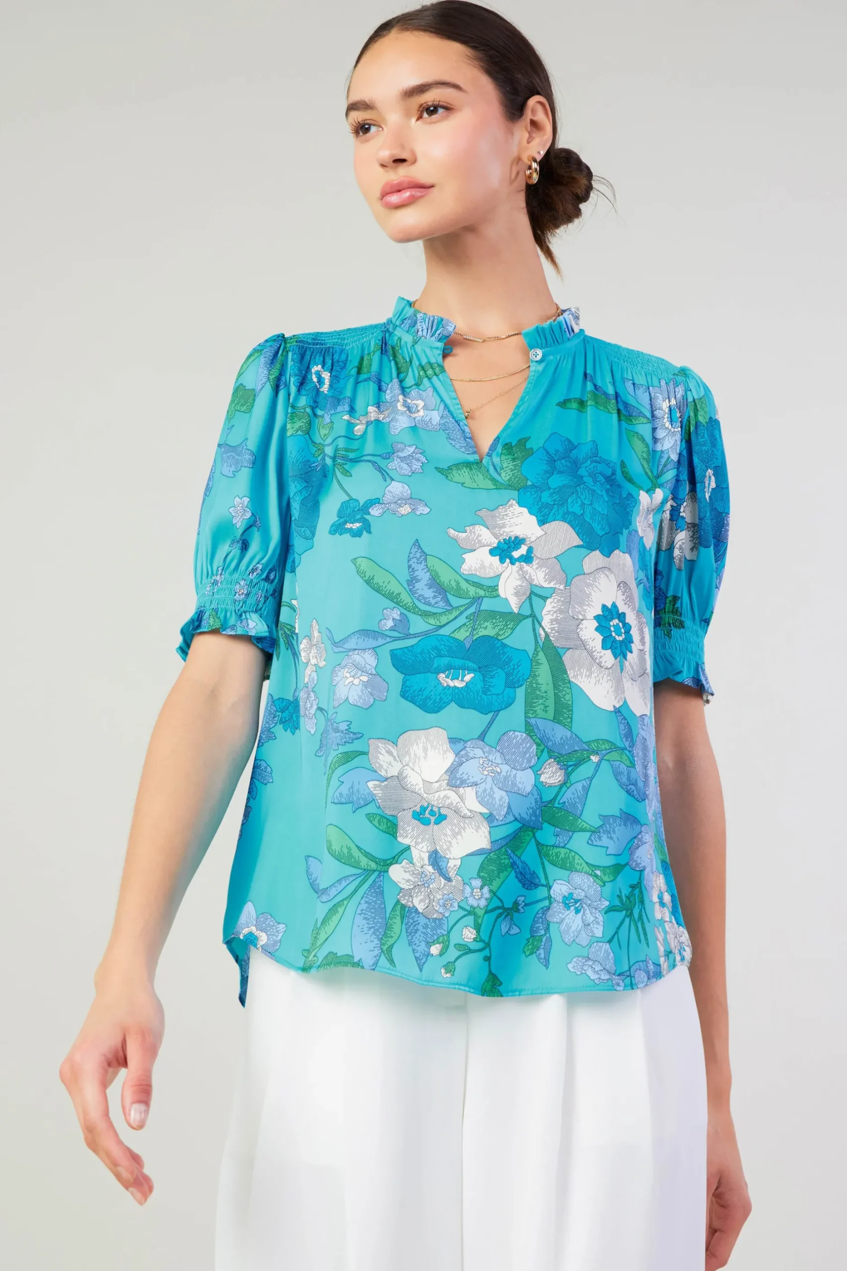 Short Sleeve Tops-Current Air Botanical Smocked Shoulder Blouse BLUE