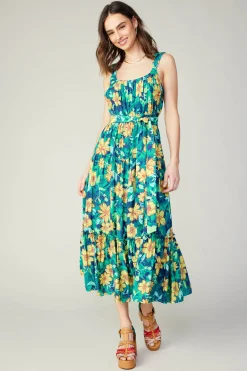 Midi Dresses-Current Air Botanical Tiered Ruffle Dress YELLOWFLORALMLT