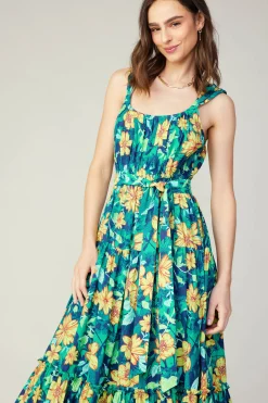 Midi Dresses-Current Air Botanical Tiered Ruffle Dress YELLOWFLORALMLT